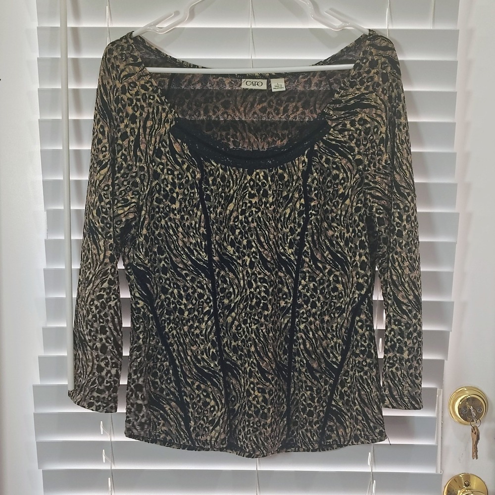 Cato Leopard Print Top Women L Brown Velvet Lace Trim Sequin Blouse Y2K Mob Wife